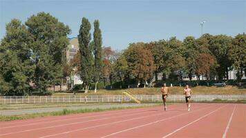 twee atleten rennen Bij de stadion video