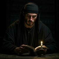 young priest reading an open bible on black background with a monk in black cap photo