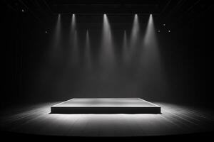 Contemporary dance stage light background with spotlight illuminated the stage. Stage lighting performance show. Empty stage and monochromatic colors. Serene scene. Entertainment show. Generative AI. photo