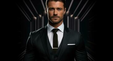 a man in a suit with his arms folded on an empty background photo