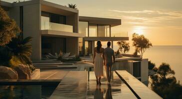 a couple is standing in front of a home with a beautiful view in a country setting photo