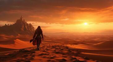 a man walking down the sand at sunset. photo