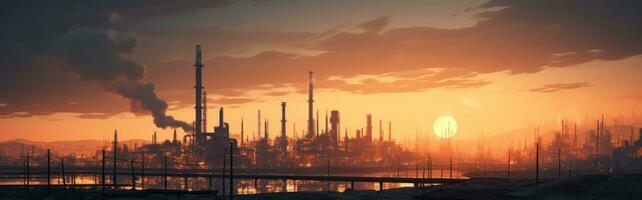 a large industrial complex and oil pipeline at sunset photo