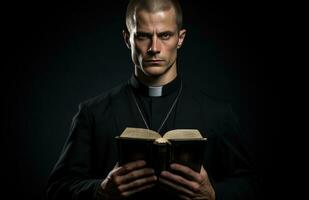 unnamed priest man looking at bible. photo