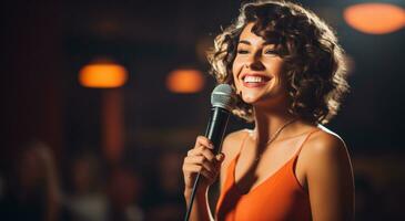 a smiling woman is holding a microphone photo