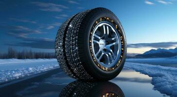 a car tire on cold snowy roads with snow falling down photo