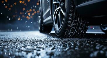 a car tire on cold snowy roads with snow falling down photo