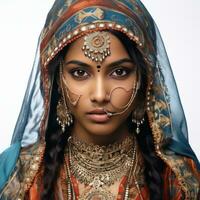 indio niña con de colores rostro, aislado foto