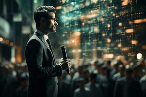 a businessman standing and speaking in front of an audience photo