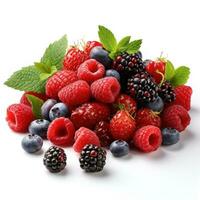 a mound of strawberries, raspberries, blueberries and mint, isolated photo