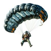 a skydiver flying with an open parachute, isolated photo