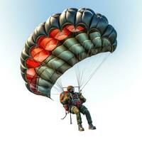 a skydiver flying with an open parachute, isolated photo