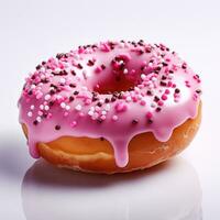 a donut decorated with pink icing with sprinkles, isolated photo