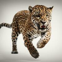 un jaguar en un saltar aislado foto