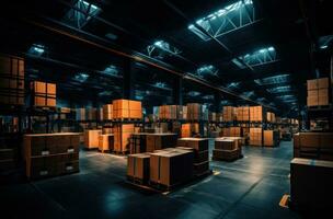 a dark warehouse full of boxes photo