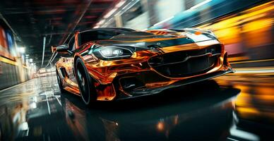Car racing at high speed, blurred panoramic background - AI generated image photo