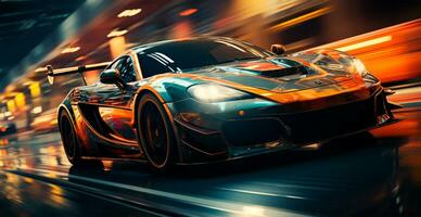 Car racing at high speed, blurred panoramic background - AI generated image photo