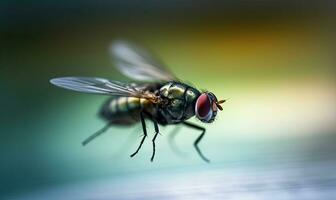 In a swift motion, the fly navigates through the natural landscape. Creating using generative AI tools photo