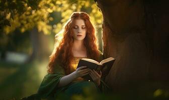 In the mystical forest, a Celt woman found solace in her book. Creating using generative AI tools photo