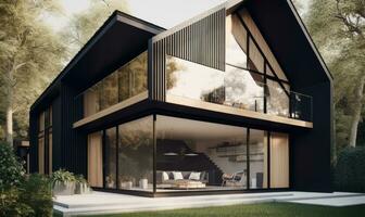 The black facade of the modern house exuded sleek elegance. Creating using generative AI tools photo