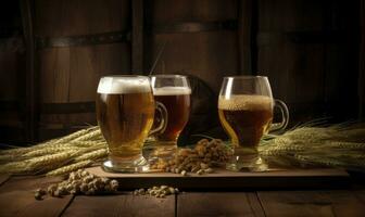 Cold beer glasses with hops and wheat on wooden table. Creating using generative AI tools photo