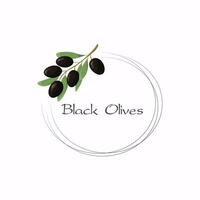 Black olives circular frame label, for olive products. Botanical frame element with an olive branch. Simple vector illustration for packaging, corporate identity, labels, postcards, and invitations.