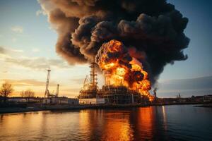 grande explosión en el costa afuera petróleo refinería ai generado foto