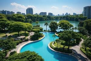 a park in a bustling city with wide open space flower fields AI Generated photo