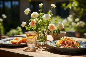 table set for a summer brunch in the garden AI Generated photo