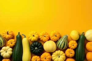 collection of pumpkins squash neatly arranged on the table professional advertising photography AI Generative photo