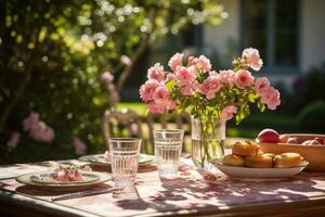 table set for a summer brunch in the garden AI Generated photo