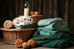 Pile of clean clothes and Wicker basket with clean laundry professional advertising photography AI Generative photo