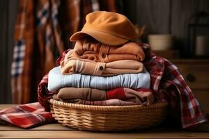 Pile of clean clothes and Wicker basket with clean laundry professional advertising photography AI Generative photo