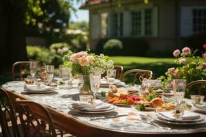 table set for a summer brunch in the garden AI Generated photo