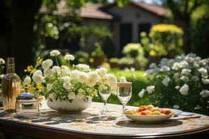 table set for a summer brunch in the garden AI Generated photo