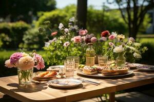 table set for a summer brunch in the garden AI Generated photo