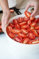 poniendo Tomates a bandeja para el secado, de cerca foto