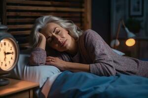 Tired middle aged woman lying in bed can't sleep late morning with insomnia. AI Generated photo