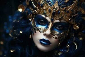 Beautiful woman in black mysterious venetian mask. AI Generated photo