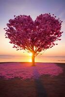 Red Heart Shaped Tree on sunset. AI Generated photo