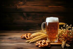 Cold lager beer in glass with wheat and hops on dark wood background top view. AI Generated photo