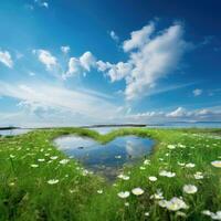 Heart shaped lake in landscape with bright blue sky and white clouds. AI Generated photo