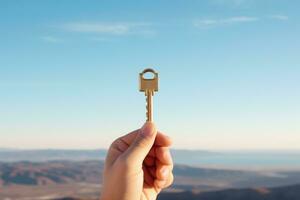 Hand holding key on sky background . AI Generated photo