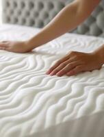 Woman touching soft orthopedic mattress. AI Generated photo