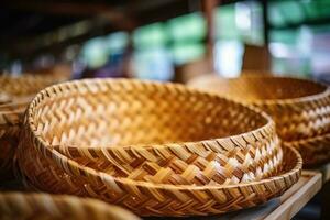 Woman weaving wicker basket indoors. AI Generated photo