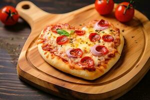 Heart shaped pizza on wooden background. AI Generated photo