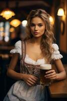 Octoberfest waitress with beer and barrel on bar background. AI Generated photo