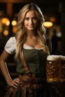 Octoberfest waitress with beer and barrel on bar background. AI Generated photo