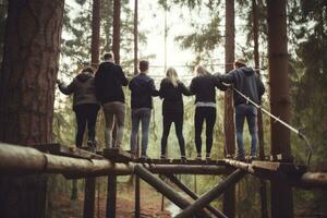 company workers having team building competition in forest. AI Generated photo