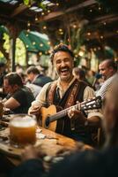 hombre con cerveza celebrando Oktoberfest en bar antecedentes. ai generado foto